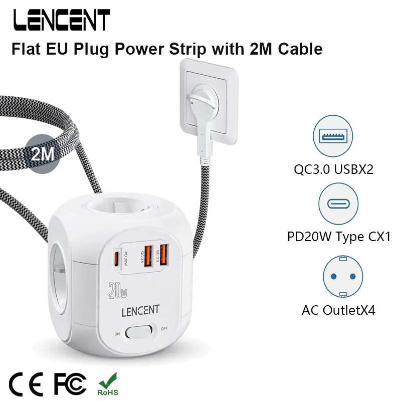 LENCENT Flat EU Plug Power Strip Cube with 4AC Outlets +2 QC3.0 USB+ 1Type C PD20W Fast Charging 2M/3M Braided Cable For Home