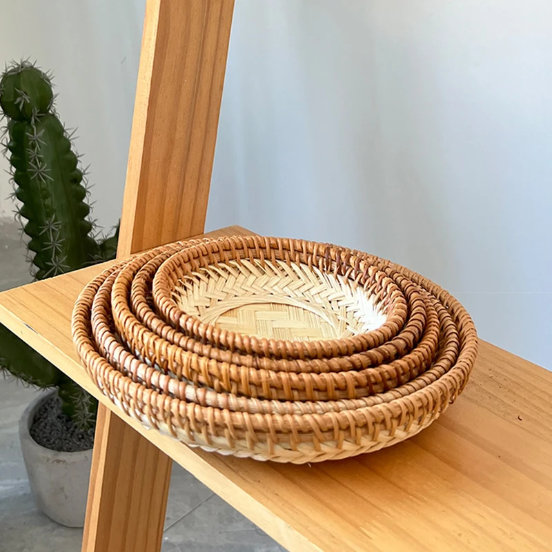 Natural Bamboo Woven Basket Hand Woven Rattan Fruit Basket Bread Candy Snack Vegetables Storage Basket Home Kitchen Organizer