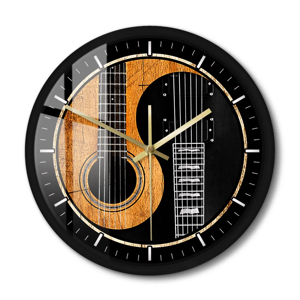 

Yin Yang Guitar Bass Metal Frame Wall Clock Silent Acoustic Guitar Black Wall Watch For School Music Studio Musician Guitarist