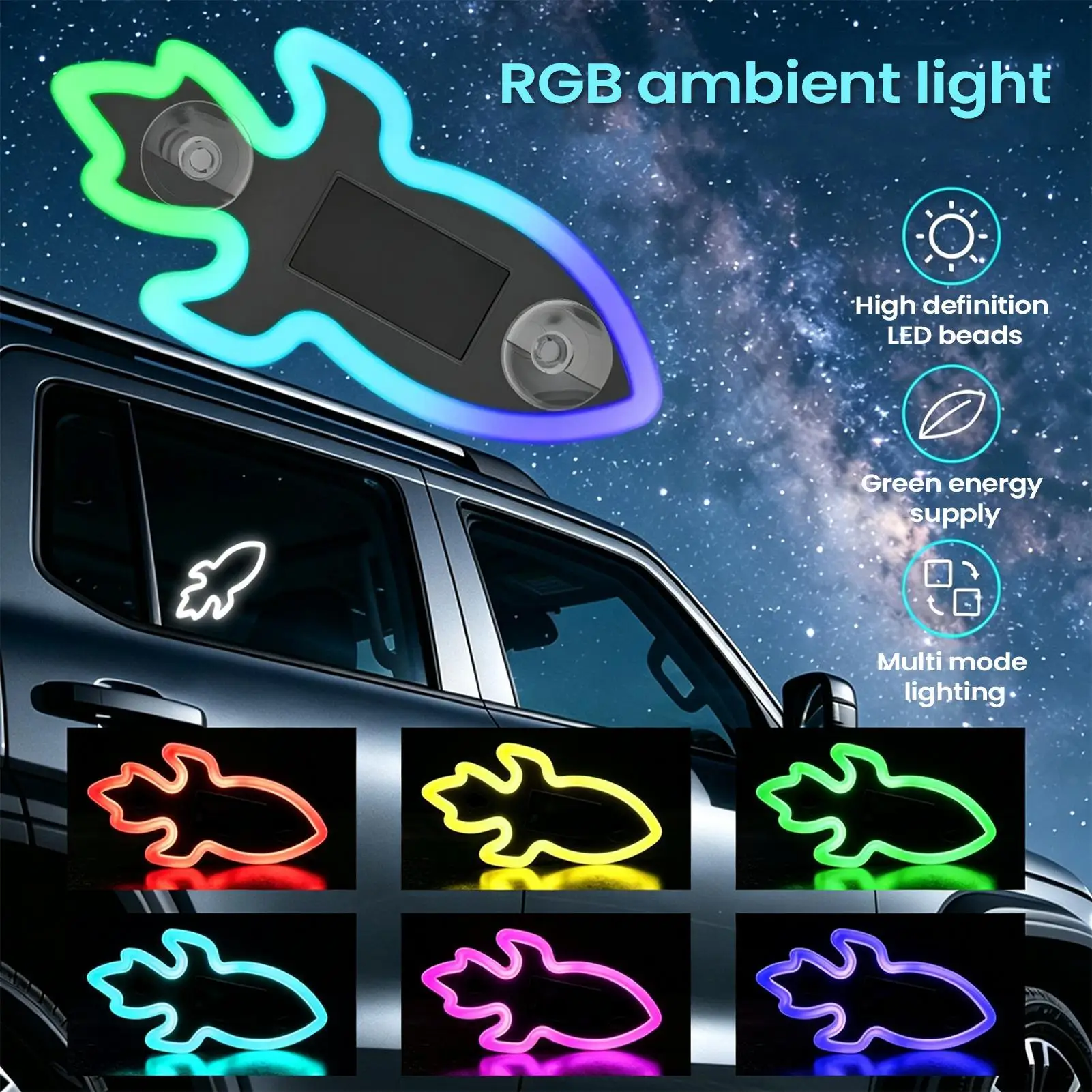 6 Modes Auto Glow Solar Light Car Colorful USB Rechargeable Decor Solar Powered LED Car Light for Sedan SUV RV ATV Windshield