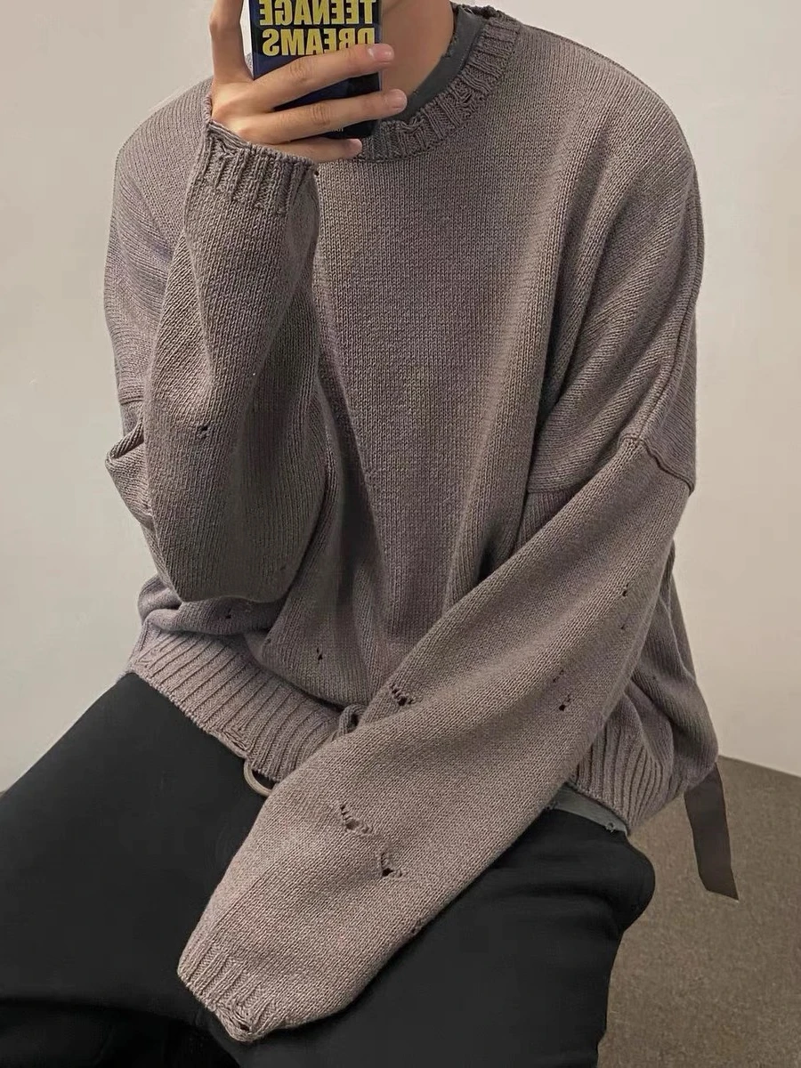 

Мужской вязаный свитер в парижском стиле с бахромой, повседневный, в расслабленном стиле, для пар, зимний, с длинным рукавом, круглый вырез