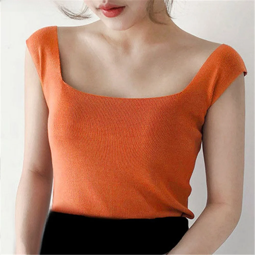 Casual Slim U Ne Knitted Tops Women Summer Tirts Fem Silk Fabric Ladies Faionable Svel Vest Spring Autumn