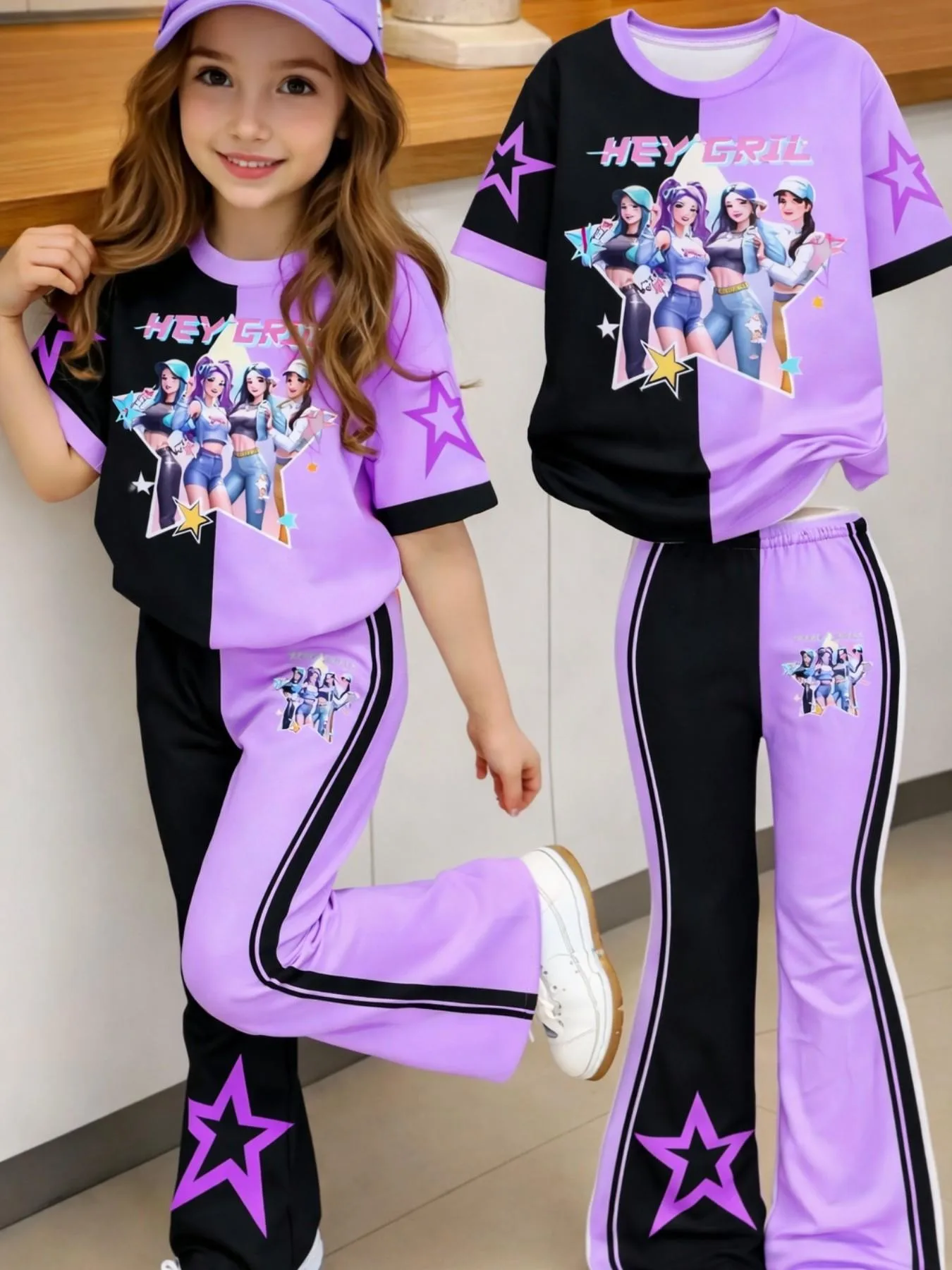 Trendy Girls 2Pcs Y2K Casual Outfit, Split Black Purple Cartoon Graphic Printed T-shirt, Star Decor Striped Flare Trousers for S