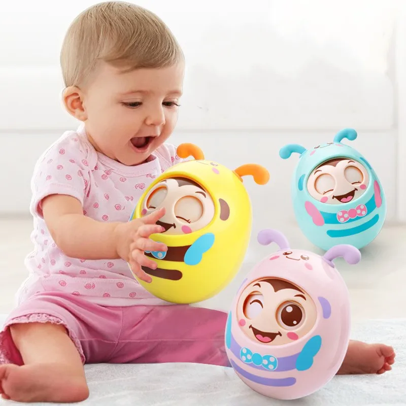 ZK30 Baby Tumbler Rattles Toys Cartoon Mobile Bee Bell Blink Eyes Tumbler Roly-poly Silicone Ear Teether Toys for Newborns Gifts