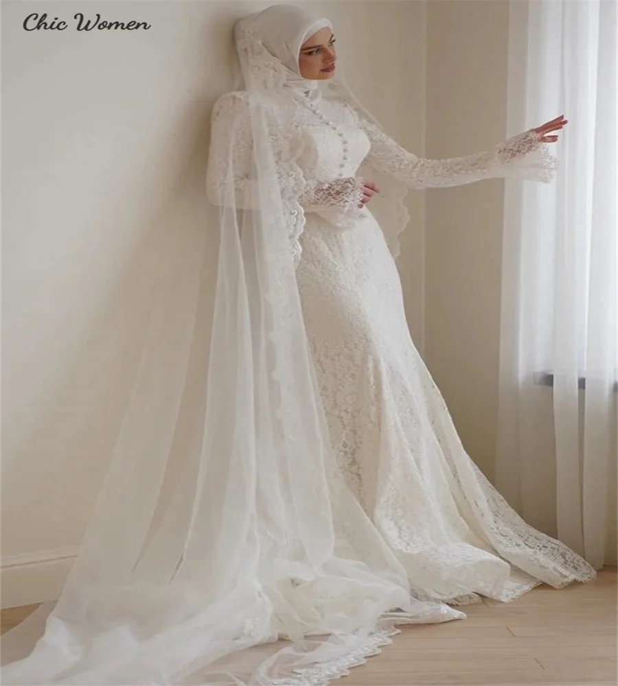 

Romantic Mermaid Muslim Wedding Dress Full Lace Elvish Islamic Long Sleeve Boho Bride Dress Elegant Irish Country Customized