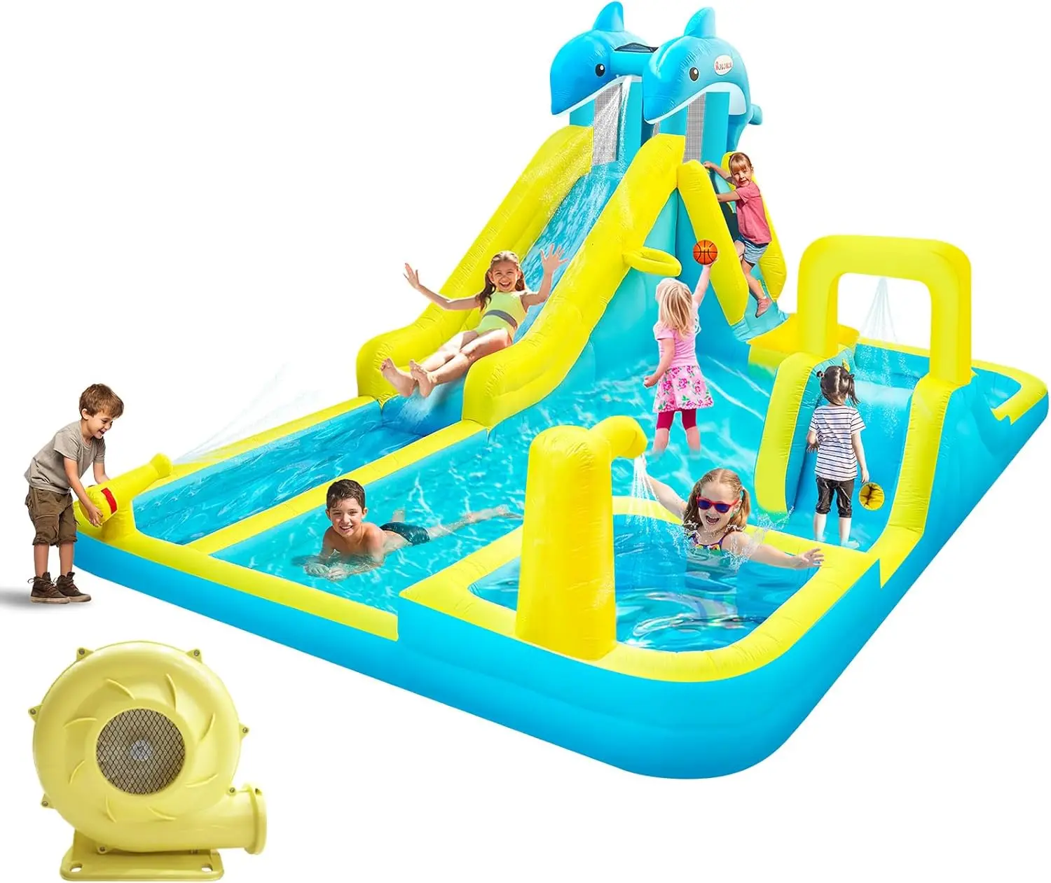 Aufblasbare Wasserrutsche, Delphin Styling Giant Bouncy Waterslide Park, mit extra langer Rutsche, Kletterwand, tiefer Pool, Wasserkanone