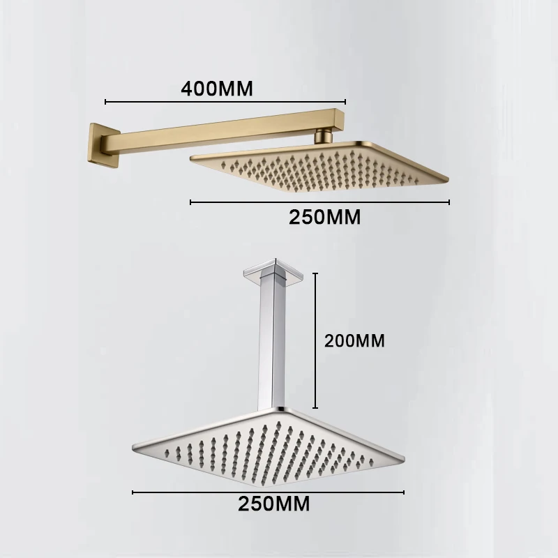 Brushed Gold Stainless Steel Square Rain Shower Head Ultrathin 10 Inch Choice Bathroom Wall Mounted Shower Arm Top Spraying