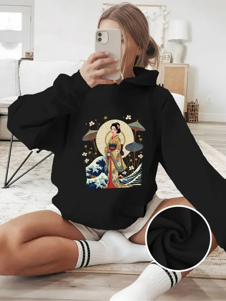 

Женская толстовка больших размеров в японском стиле, традиционное кимоно, фигурка зонтик, облако, цветочный принт, геометрический узор, передние карманы