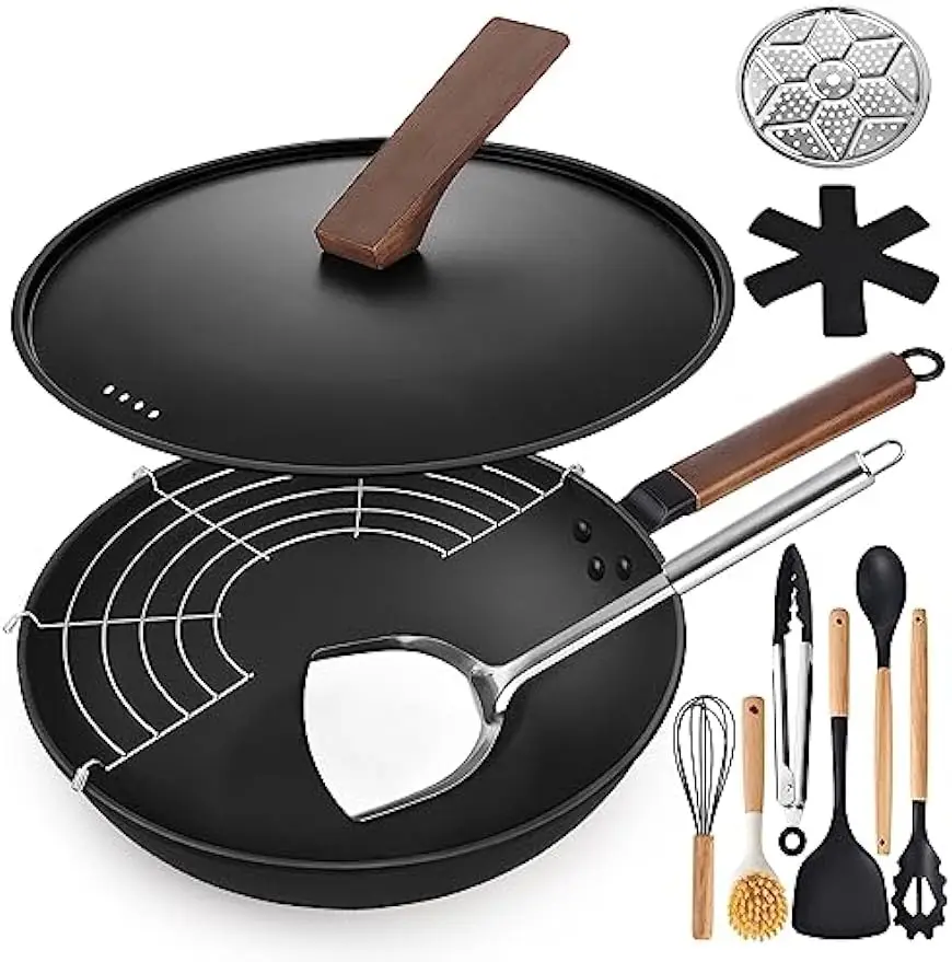 

13'' Carbon Steel Wok Set with Lid & Cookware, Nonstick Flat Bottom for All Stoves Including Induction