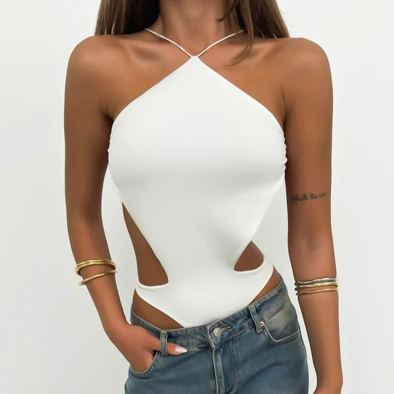 2024 Summer New Solid Color Halter Hollow Out Sexy Bodysuit Backless Cut Out Design Slim Playsiuts Women Streetwear Fas