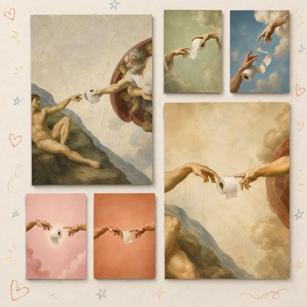 Hand of God and Adam Funny Toilet Paper Poster HD PP Waterproof Wall Decor for Living Room Gift