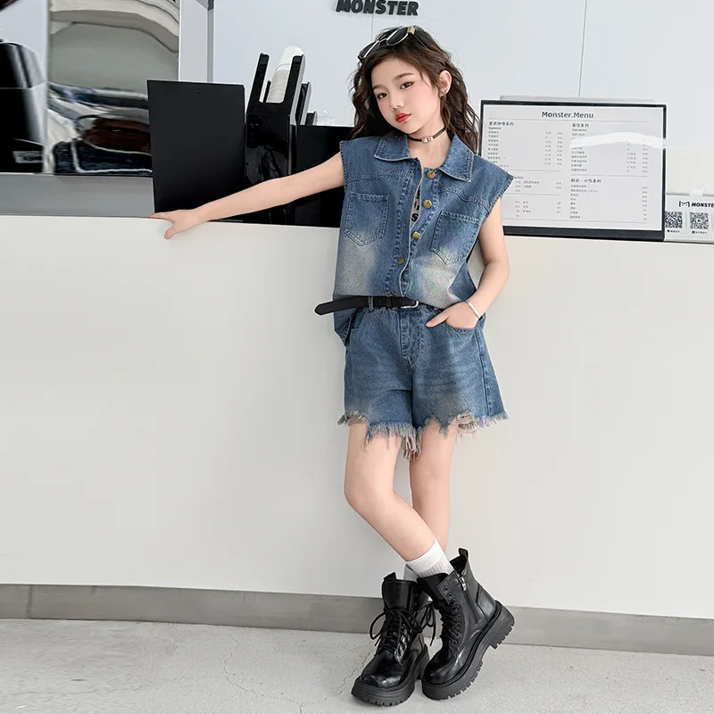 

2pc 2025 summer girls cotton tops short sleeve top Denim jacket + short jeans skirt pant children set 4 7 8 9 10 11 12 year