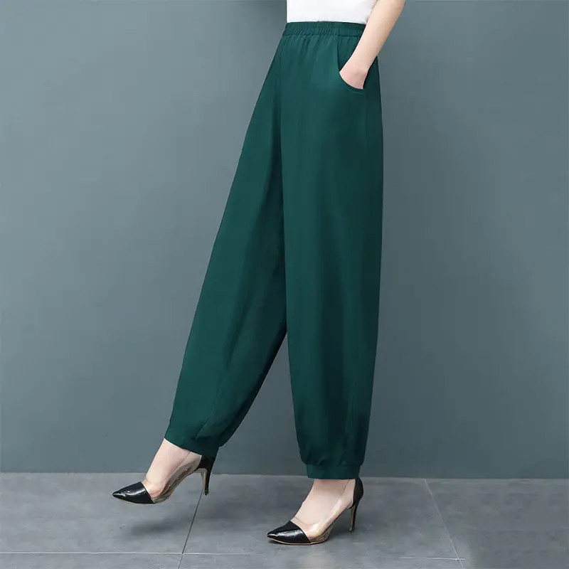 Spring Summer Thin Solid Bloomers Pants Big Size All-match Elastic Band High Waist Loose Women Fashion Casual Wide Leg Trousers