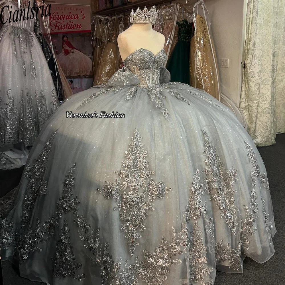 Vestidos quinceanera cinza flores 3d miçangas rendas apliques vestidos de 15 anos festa de aniversário princesa