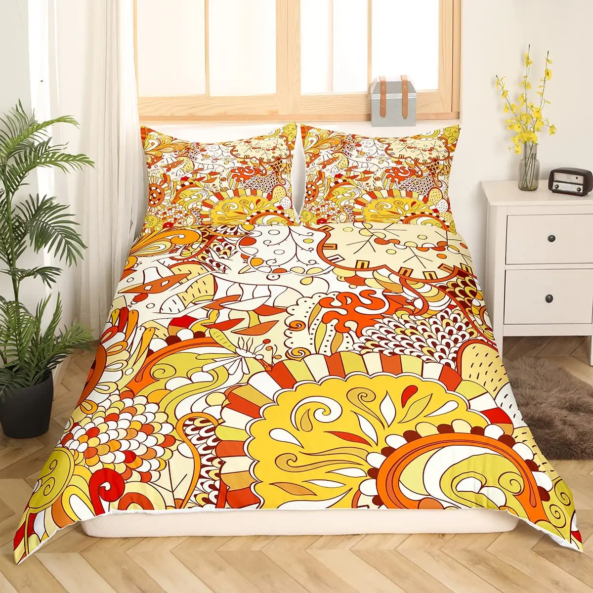 

Retro Flowers King Queen Bedding Set Cartoon Vintage Floral Duvet Cover Boho Abstract Quilt Cover Soft Polyester Comforter Cover