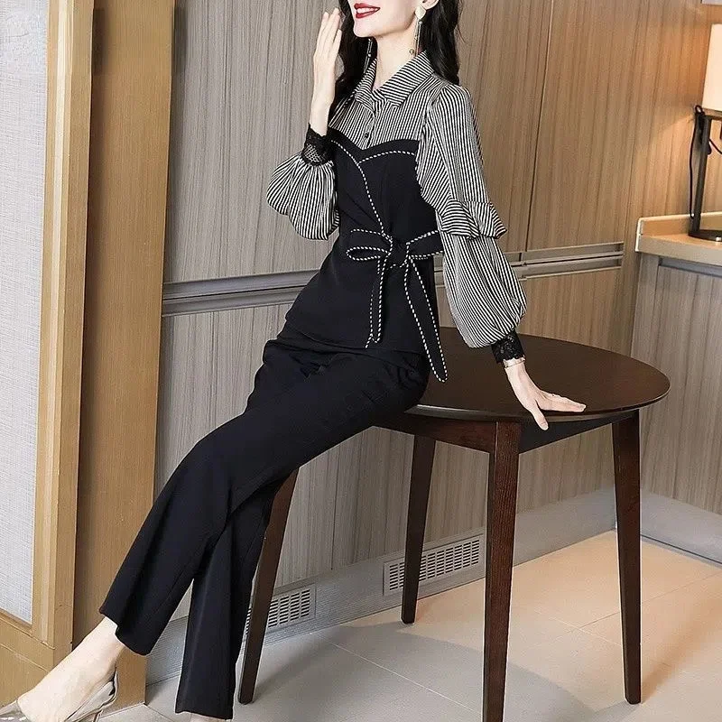 2023 New Spring Summer Women Set Korean Large Size Fashion Patchwork Long sleeve Top And Pants Two Piece Suit Temperament Outfit