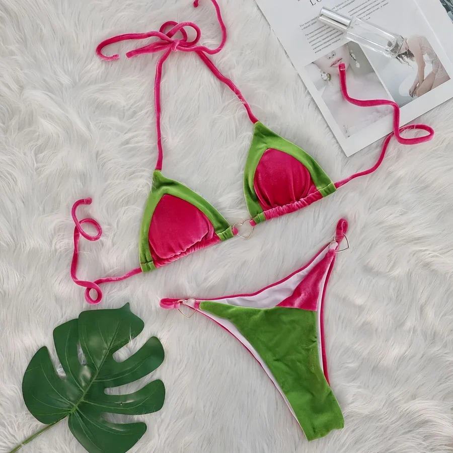 Para Praia Halter Pleuche Bandeau 비키니 세트 여성 수영복 2025 섹시한 여성 수영복 브라질 Biquini Backless 수영복