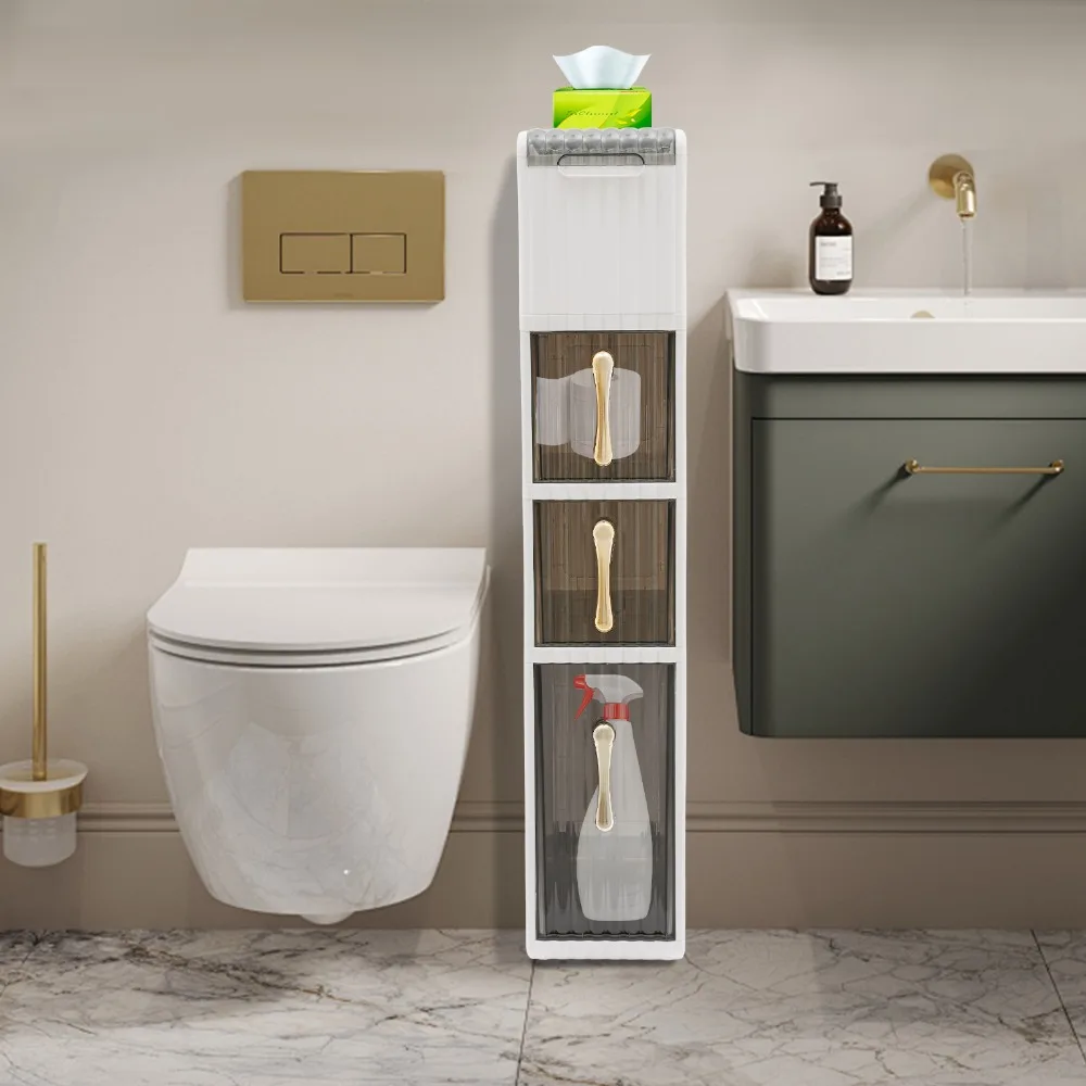 

4 Tiers Bathroom Storage Cabinet with Wheel Freestanding Toilet Paper Holder with Handles Mobile Floor Slim Cabinet for Bathroom