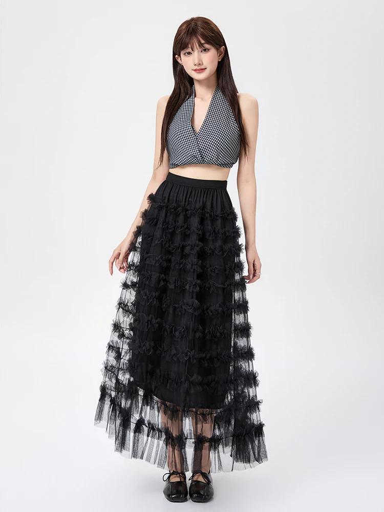 Women Ruffled Tulle Cake Skirt Spring Summer High Waist A-Line Long Maxi Skirt Fairycore Mesh Layered Tutu Faldas Female SK119