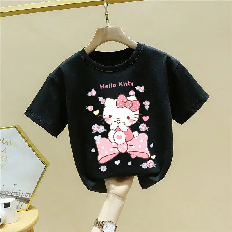 Hello Kitty Cute Collage Graphic T-shirt Women Men Kids Casual Short Sleeve Cartoon Print Tee Top Streetwear Korean-style Shirt