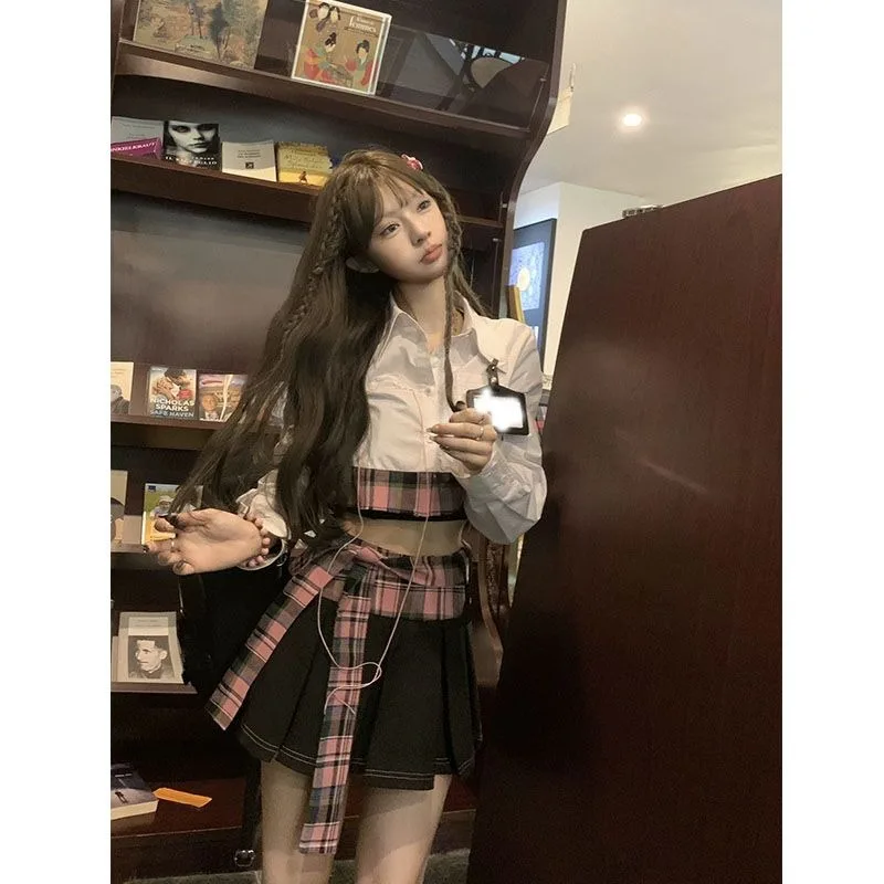 

Korean College Shirt Pleated Skirt Two-piece Set Women Spliced Lace Up Sweet Spicy Fashion Retro Artistic Temperament Slim Suit