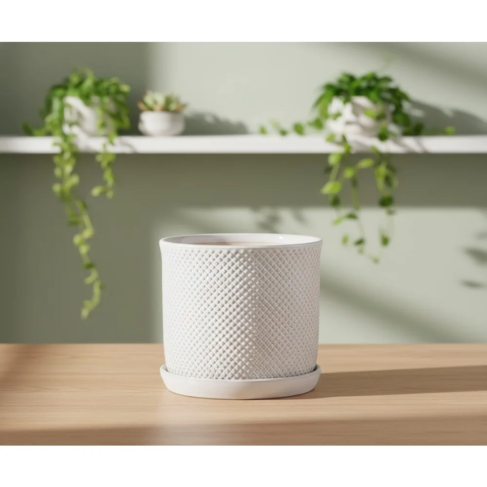 

8 Inch Ceramic Planter with Drainage Hole & Saucer - Beaded Embossed Cream White Flower Pot for Indoor Outdoor Plants