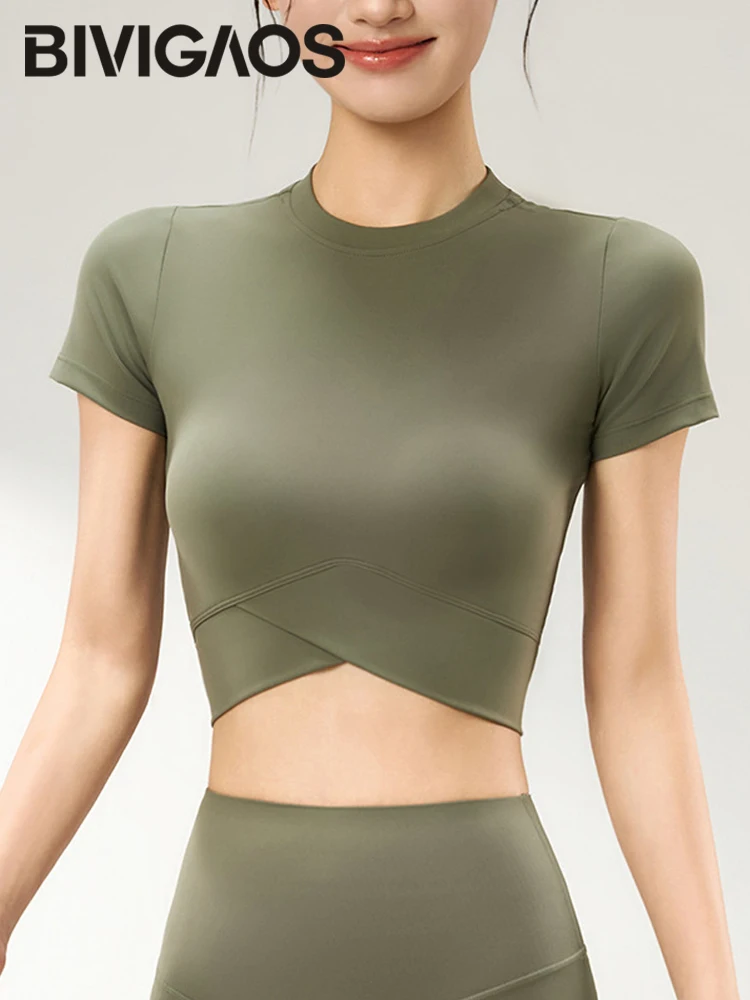 BIVIGAOS Summer Korean Cross Hem Short T-Shirt Crop Top Women High Elastic Quick Drying Tight Yoga Sport Short Sleeved Tshirt