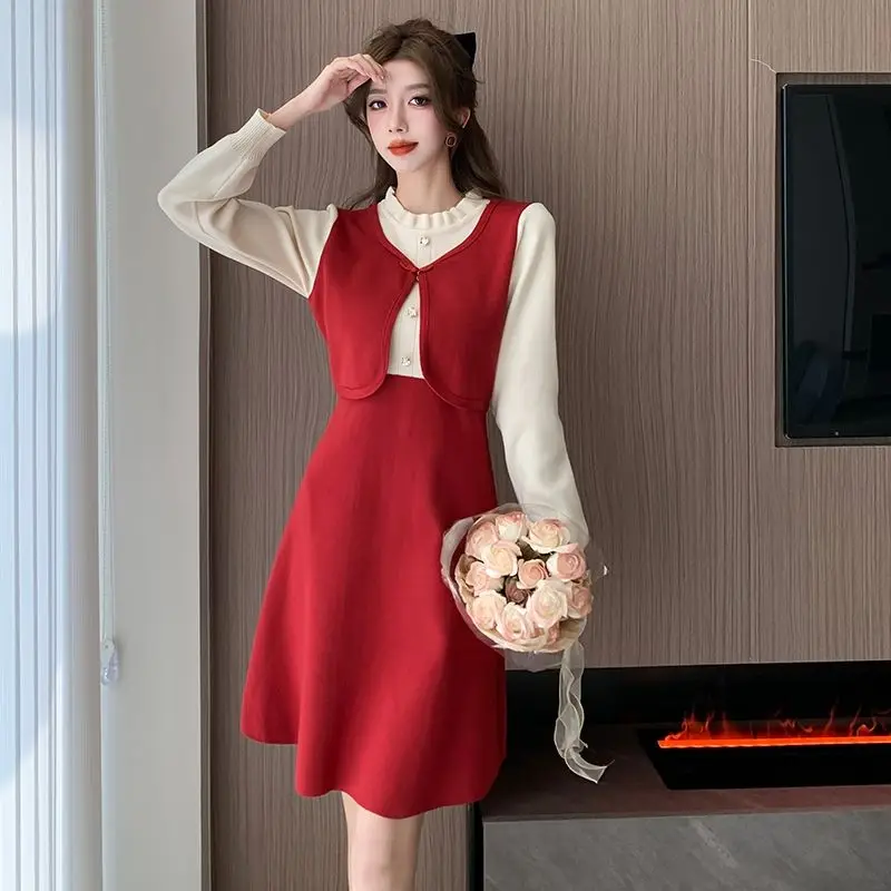 

2023 Spring Autumn New Small Fragrance Style Age Reducing Fashion Splice Versatile Slim Long Sleeve Knitted Dress for Women