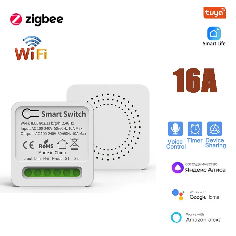 16A Tuya Mini Wifi Zigbee 3.0 Switch DIY 2way Smart Home Control Timer Automation Breaker Via Alexa Google Home Alice Smart Life