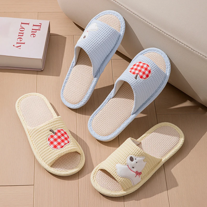 

Linen Slippers Women Home Spring Summer Cartoon Designer Shoes Girls Cute Hemp Indoor Slides Couple Soft Non-Slip Lightweight