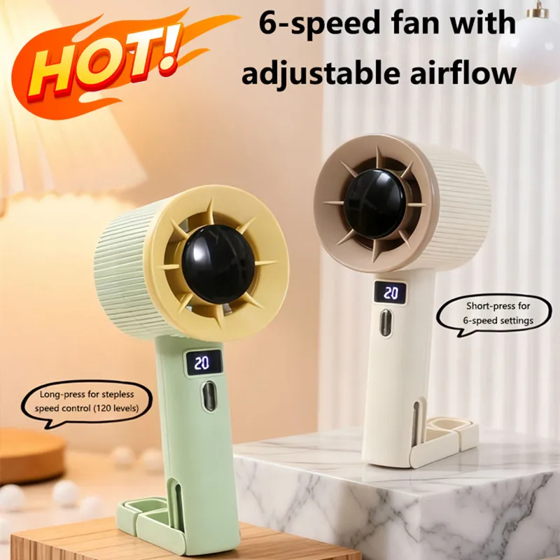 Color Blocked Handheld Digital Display Turbo Mini Electric Fan Infinite Speed Regulation Mountain Buckle Hanging Bag Desktop Fan