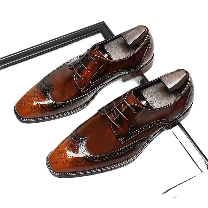 

2025 New Polished Leather Men's Block Carved Glossy Square Head Lace-up Business Dress Leather Shoes