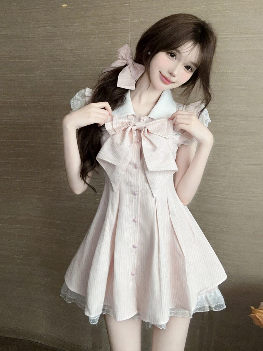 

Комплект из двух предметов: короткое платье и шорты в стиле принцессы с кружевными вставками и узлом, для девочек, милый летний модный образ