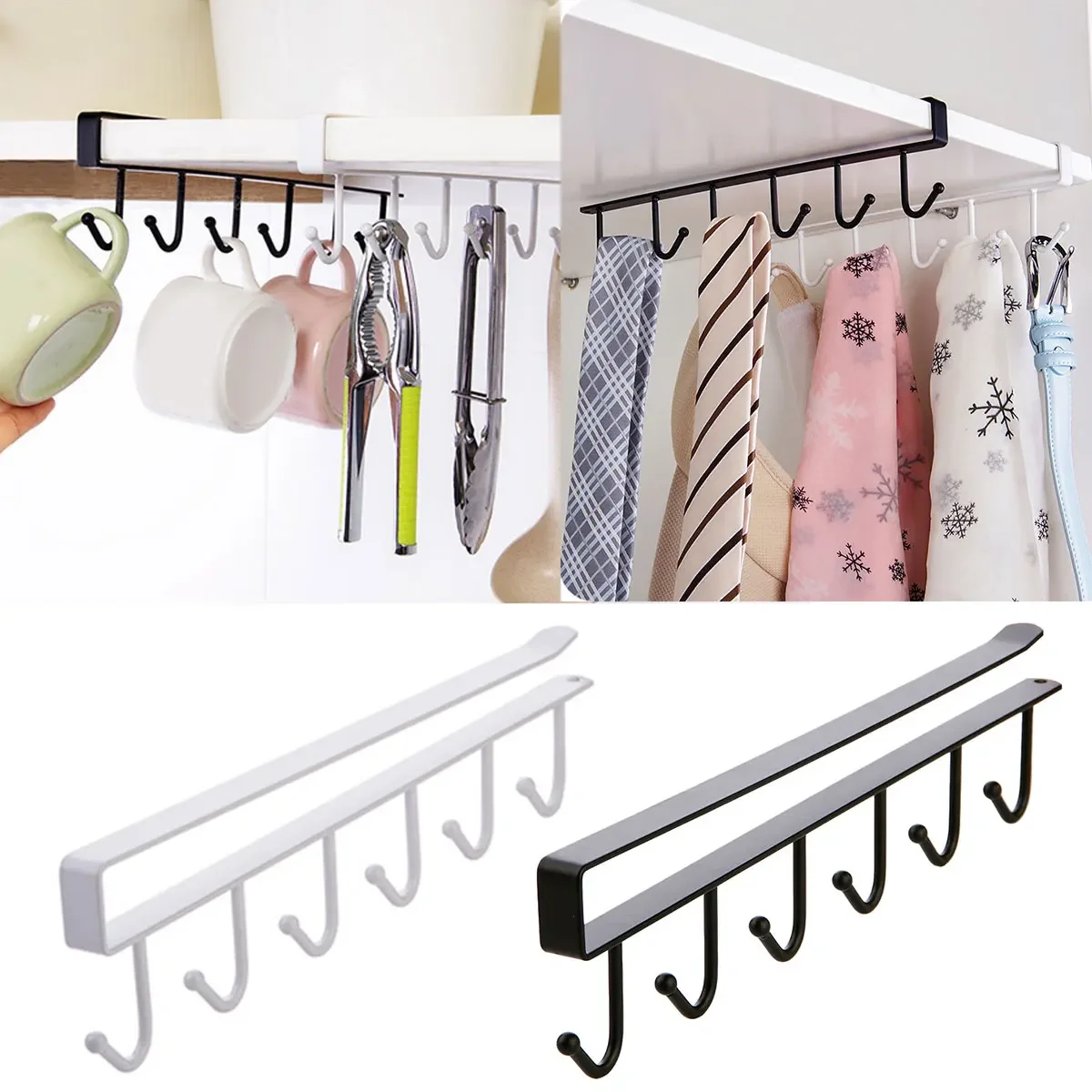 

6 Hooks Cup Holder Mug Hooks Under Cabinet Nail Free Coffee Cups Holder for Cups Kitchen Utensils Ties Scarf Key NEW