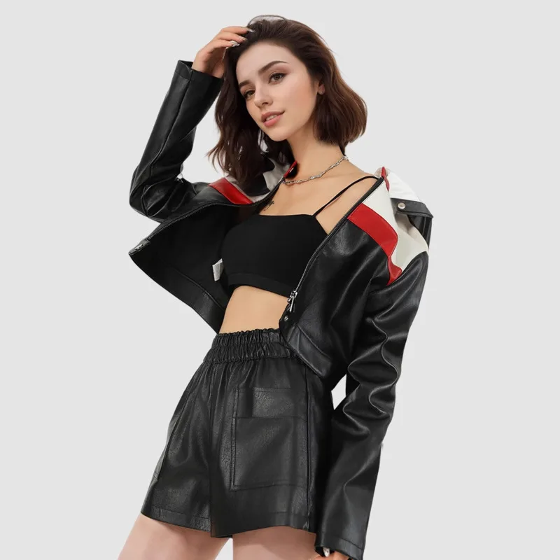 Eeonovni streetwear motocicleta jaqueta curta feminina de couro moda contraste cor gola manga longa casaco 2026 primavera novo