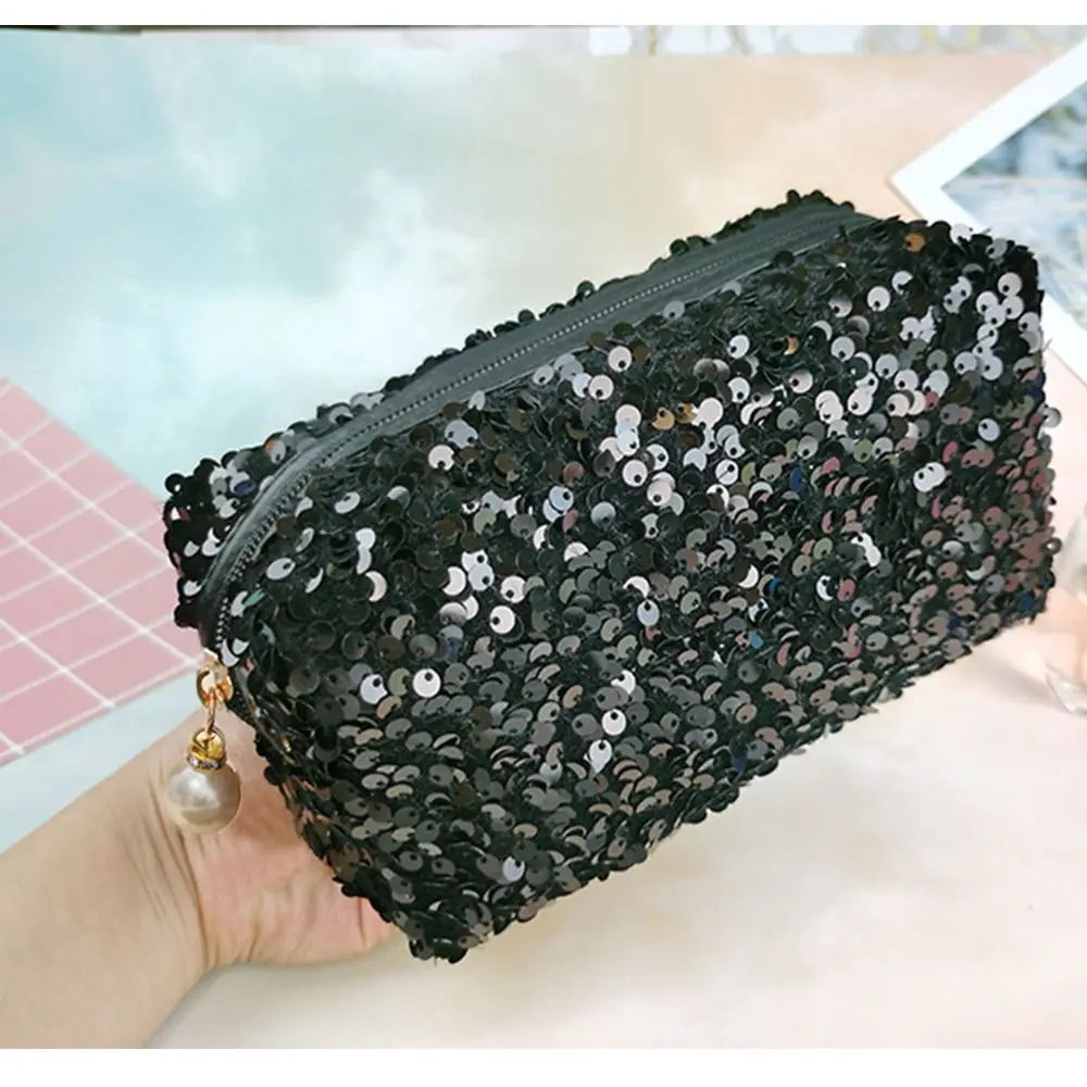 Sequin Glitter Makeup Bag Black 19*9*7cm(7.48*3.54*2.76in) Glitter Bag Velour Sequin Bag Daily Use