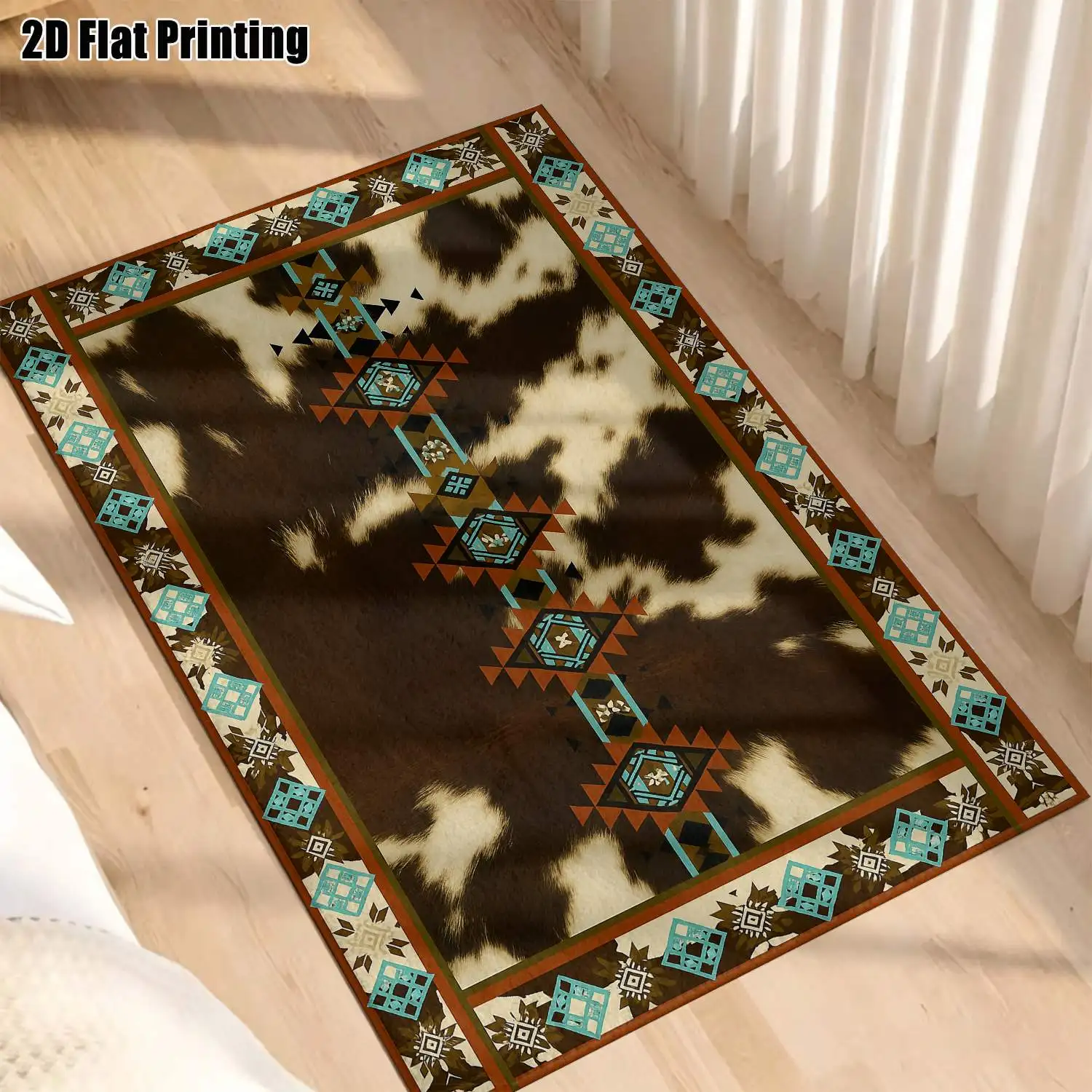 1Pc 2D Printed Carpet: Brown-White Cow Print Geometric Pattern, Modern Minimalist/European/Vintage/Bohemian Style, Multi-Size, Machine Washable, Suitable for Home Decor as a Door Mat, Dining/Bedroom/Living Room Carpet