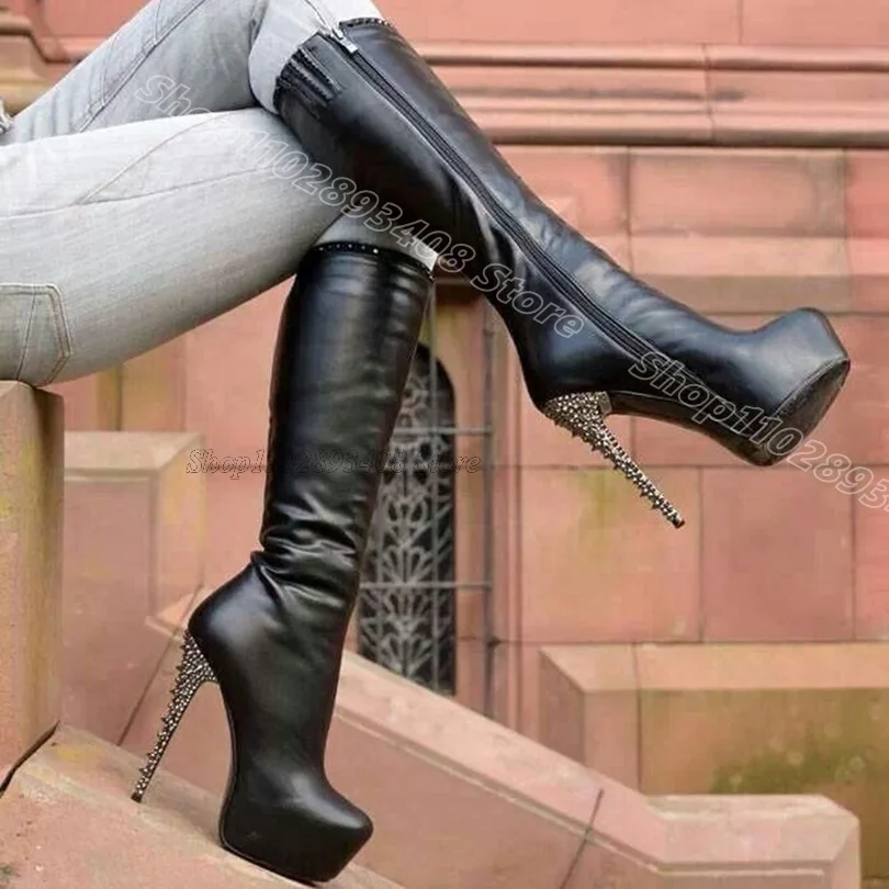 

Black Platform Rivet Decor Boots Side Zipper Platform Solid British Style Women Fashion Dress Knee Boots Zapatos Para Mujere