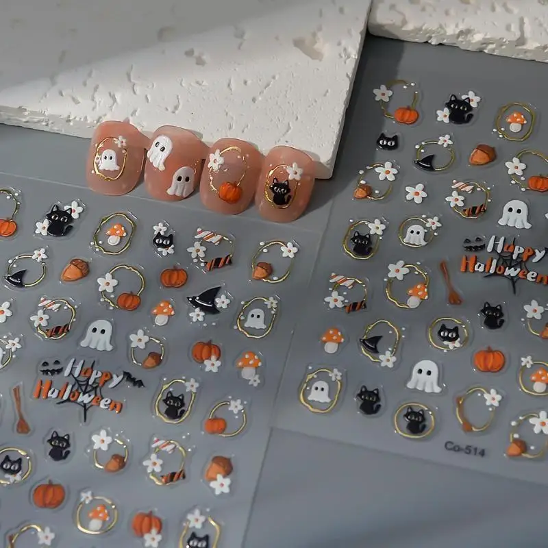 5D Embossed Halloween Nail Stickers Self‑Adhesive Nail Decals With Ghost Pumpkin Cat Mushroom Patterns Gold‑Trim Manicure Slider