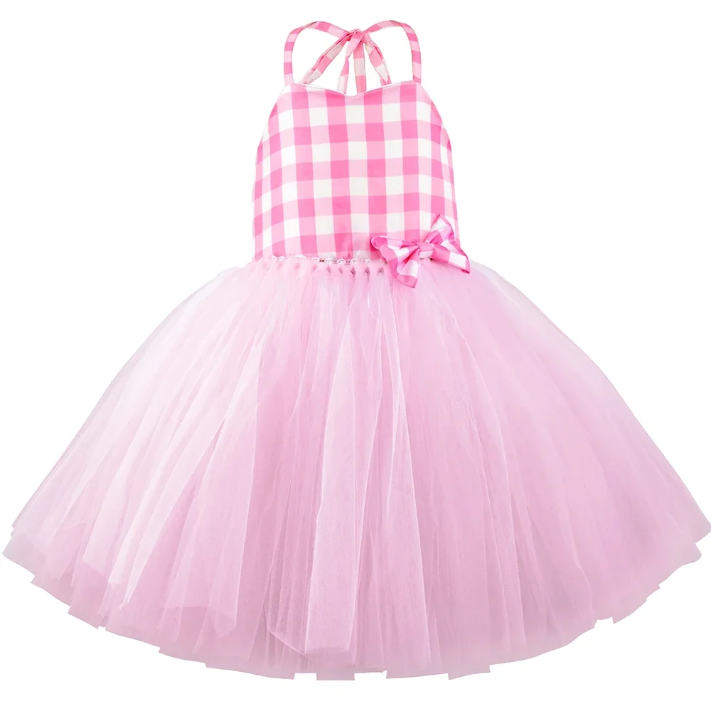 Movie Barbi Costume for Girls Pink Plaid Tulle Princess Tutu Dress Toddler Kids Halloween Birthday Party Dress Up Clothes Outfit