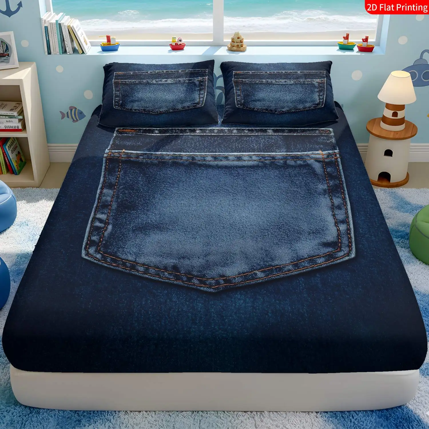 3-Piece Mattress Protector Set, 2D Flat Printed Fitted Sheet, Modern Denim-Themed Bedding, Purple-Blue Bedding Set, Home Bedroom Decoration, Holiday-Themed Fitted Sheet and Pillowcase, Mattress Protector, Stain-Resistant, Mattress Cover, Suitable for All Seasons, Machine Washable, Easy to Care For, Suitable for Home Bedroom Use, Essential for Dorms and Rentals, Master Bedroom and Guest Room Decoration, Dust-Proof and Stain-Resistant, High Elasticity, Fits Various Sizes