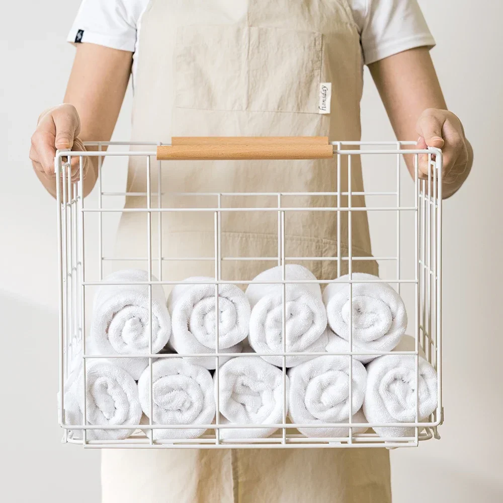 White Two-Tier Iron Art Laundry Basket with Wheels, Storage Basket, Storage Rack