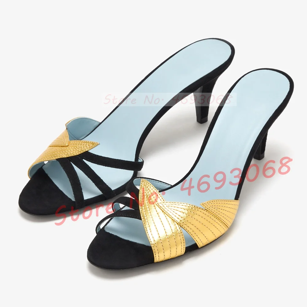 

Детские замшевые тапочки на низком каблуке с золотым листом, женские милые туфли с открытым носком и шипами на каблуке с перекрестными ремешками, летние женские сексуальные вечерние тапочки