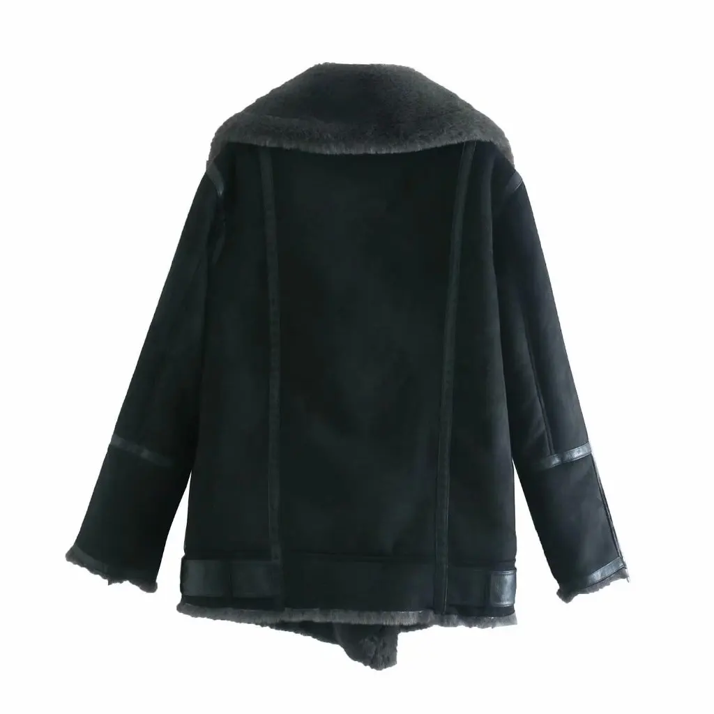Women's Thickened Fur Jacket Autumn Winter European American Style Lapel Motorcycle Zipper Leather Coat for Ladies