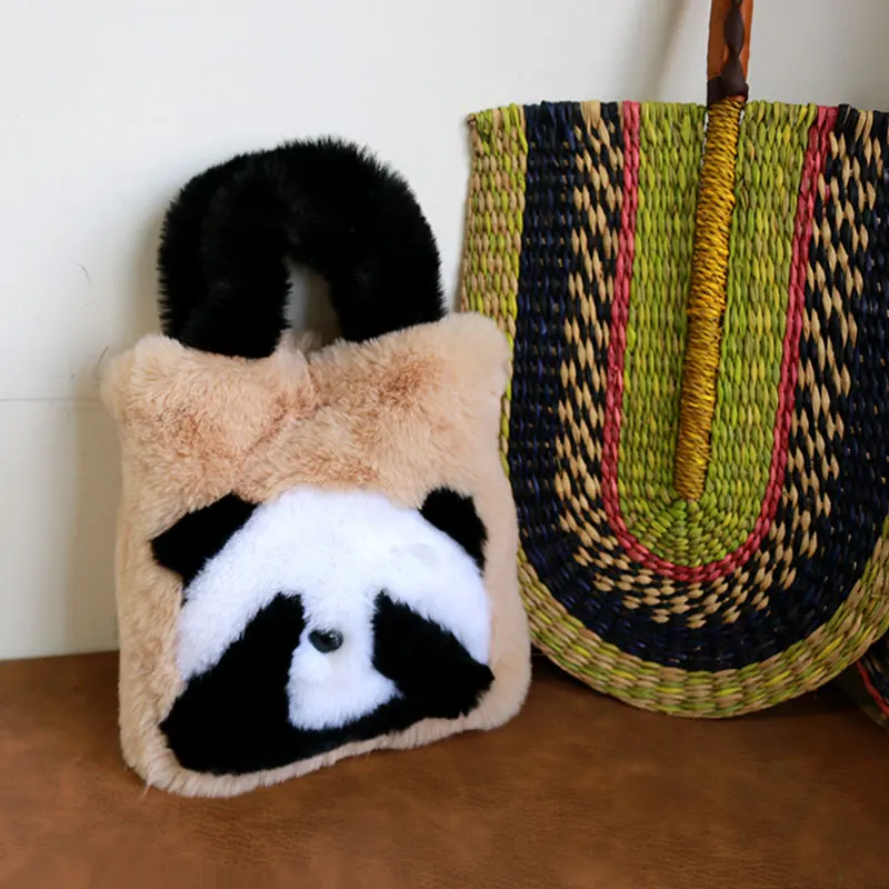 

Lovely Fashion Advanced Feeling Handbags 2025 New Mink Fur Panda Cartoon Large Capacity Versatile Western Style Crossbody Bag