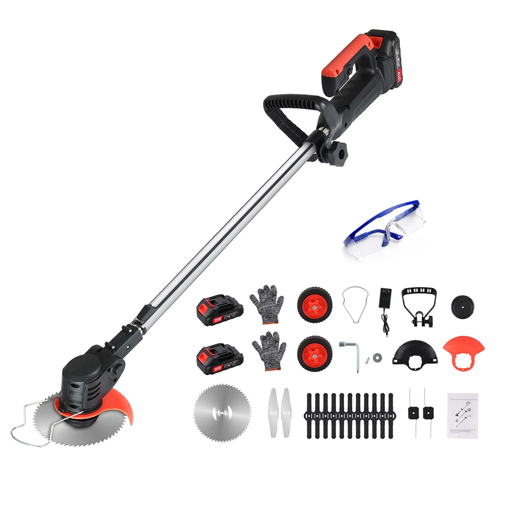 Podofo 21V Multifunktionaler Kabelloser Elektrischer Rasentrimmer, Faltbarer Rasenmäher, Leistungsstarker Elektrischer Rasenmäher mit LED-Leistungsanzeige, 3 Klingen und 2 Batterien zum Schneiden von