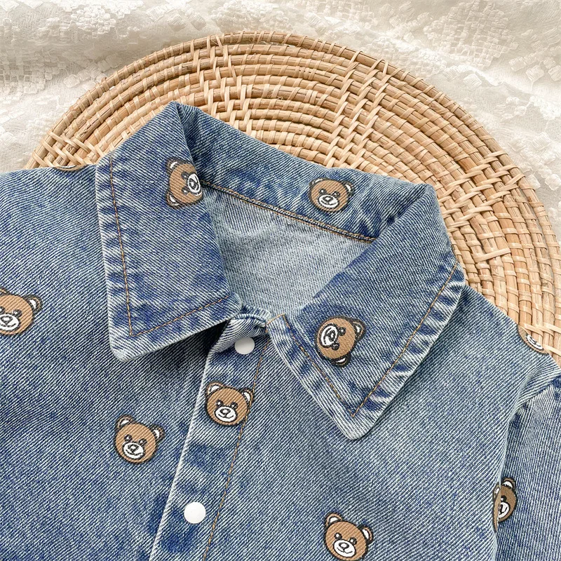 Infant Baby Romper Denim Bear Print Long Sleeve Cowboy Fall Newborn Boys Soft Jumpsuit Fashion Toddler Clothing Ruffles Overalls