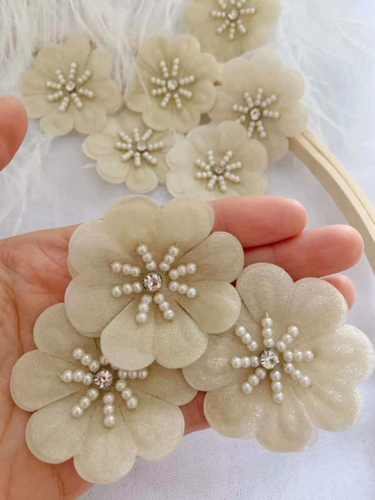 10 Pieces 3D Handmade Champagne Petals Patch Applique with Pearl Bead Stones Flowers for DIY Dresses Decor,Zakka Supplies