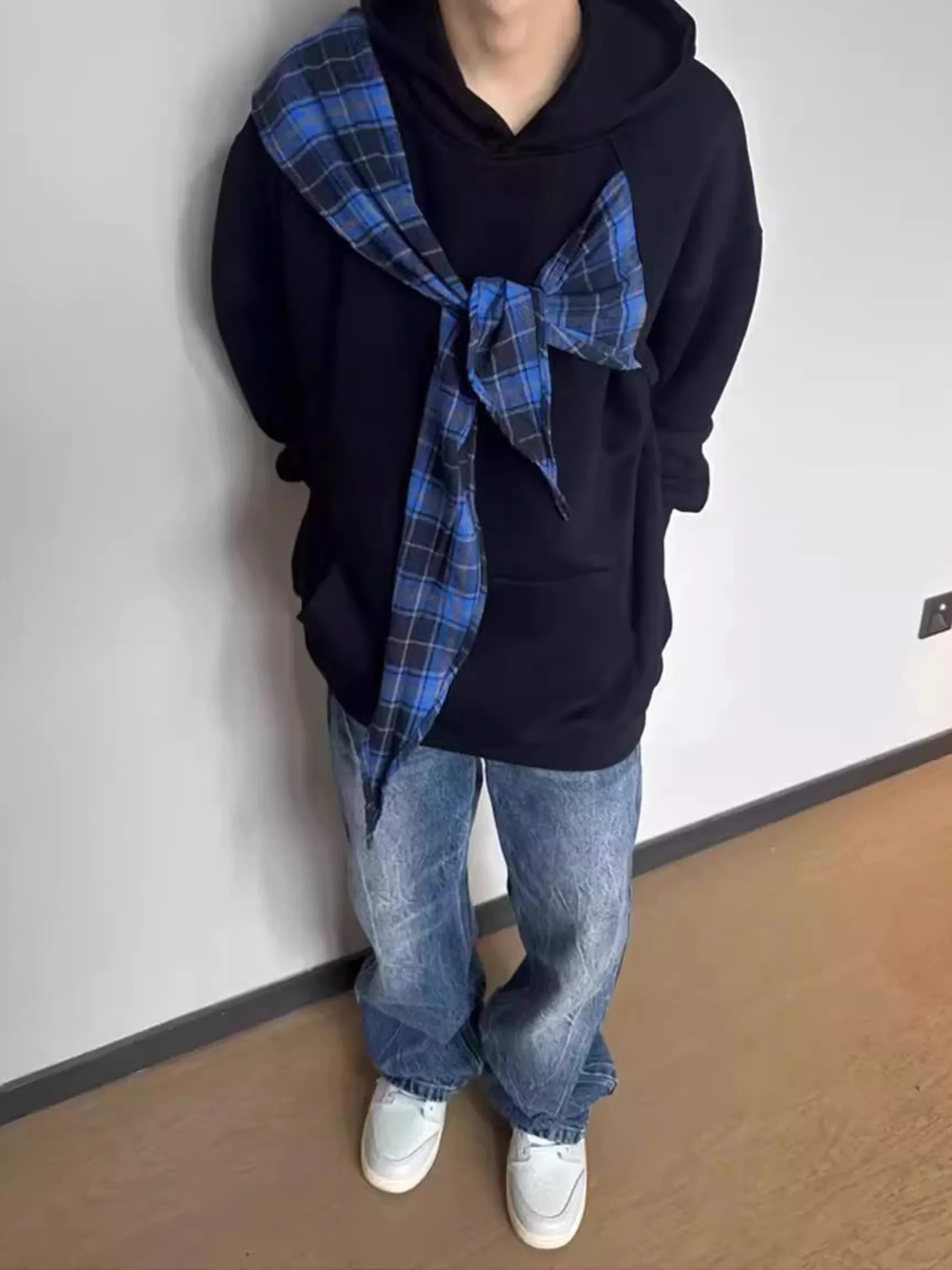 الأمريكية شارع العليا منقوشة awl وهمية قطعتين هوديي الرجال فضفاض الوزن الثقيل القطن الخالص Jaet الخريف الشتاء العلامة التجارية العصرية