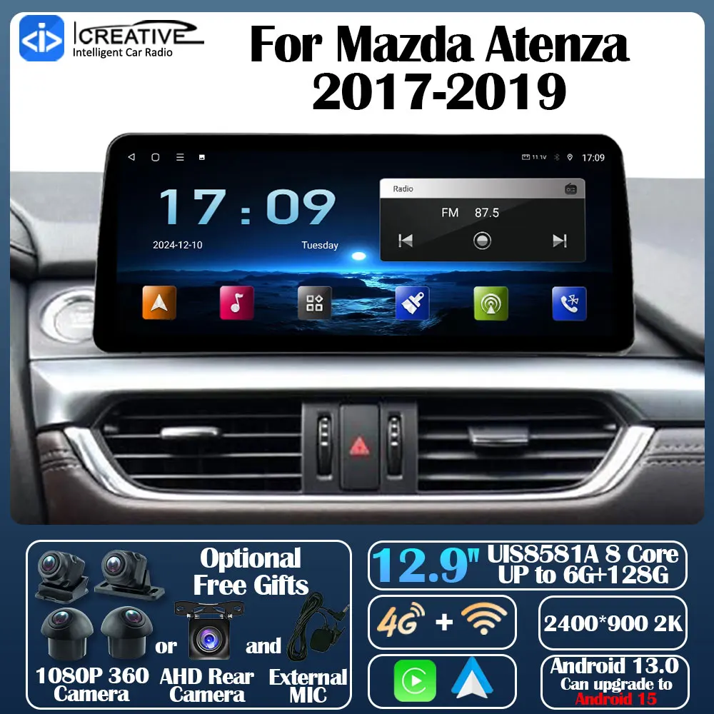 Android 13 Car Radio For Mazda 6 Atenza 2017-2019 LHD Carplay Auto Multimedia Stereo 360 Camera Navi GPS 5G Intelligent Video HU